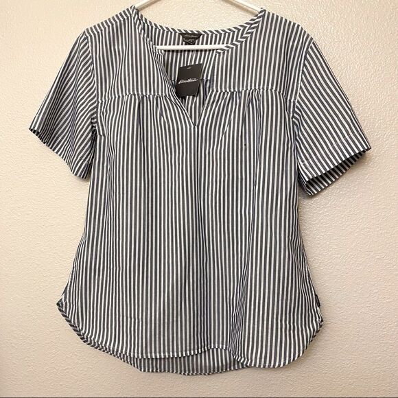 Eddie Bauer Short Sleeve vertical stripe blouse v neck  career coastal beach S - Picture 1 of 7